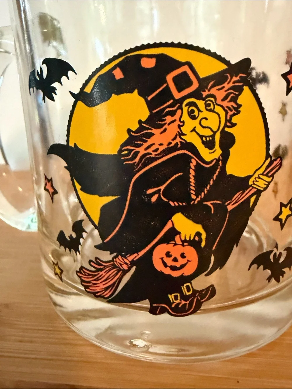 Vintage Halloween Witch Glass Mug Clear w Orange & Black. Made in USA. MCM